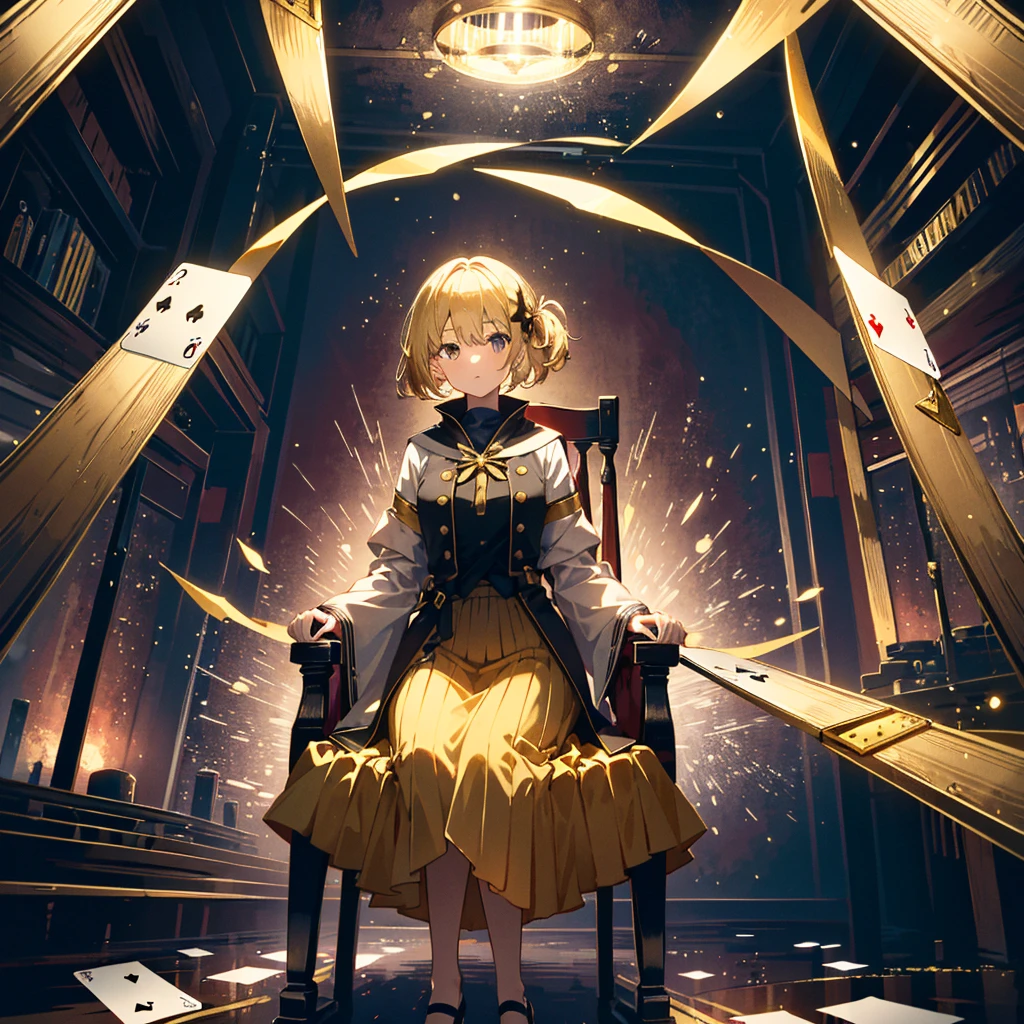 1girl, mysterious spaces,red and gold colors,card vortex,sit in a chair and float in the air , blonde hair,