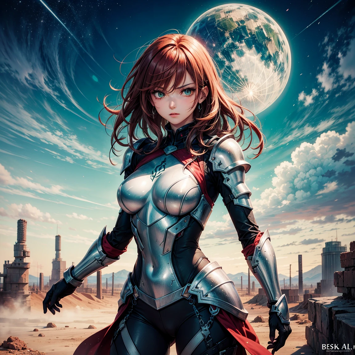 (High Detail:1.2) Anime girl, (Best quality, Detailed), Top quality, high resolution, perfect human structure, ((28 years old)), 1girl, (solo), medium hair, wavy hair, red hair, (green eyes), serious, gravelly:1.3, dark:1.2, fair skin, full silver armor plate, beautiful, medium breasts, intense look, dynamic pose, desert behind, (8k, vibrant colors, digital art, concept art)