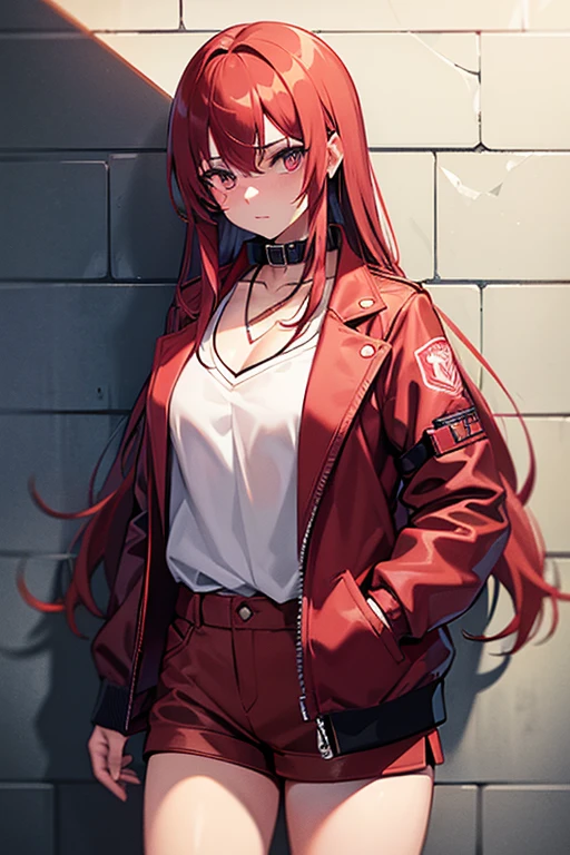 (work of art, best qualityer, 1 girl, standing alone, details Intricate, Chromatic aberration), realisitic, ((Medium Breathment)),long hair, Red hair, red decoration on the head, pink highlights, amber eyes, aretes, sharp looking eyes, necklase, neon shirt, tear shorts, unbuttoned jacket, high collar, natta, against the wall, brick wall, graffit, Poor lighting, beco, Look to viewer