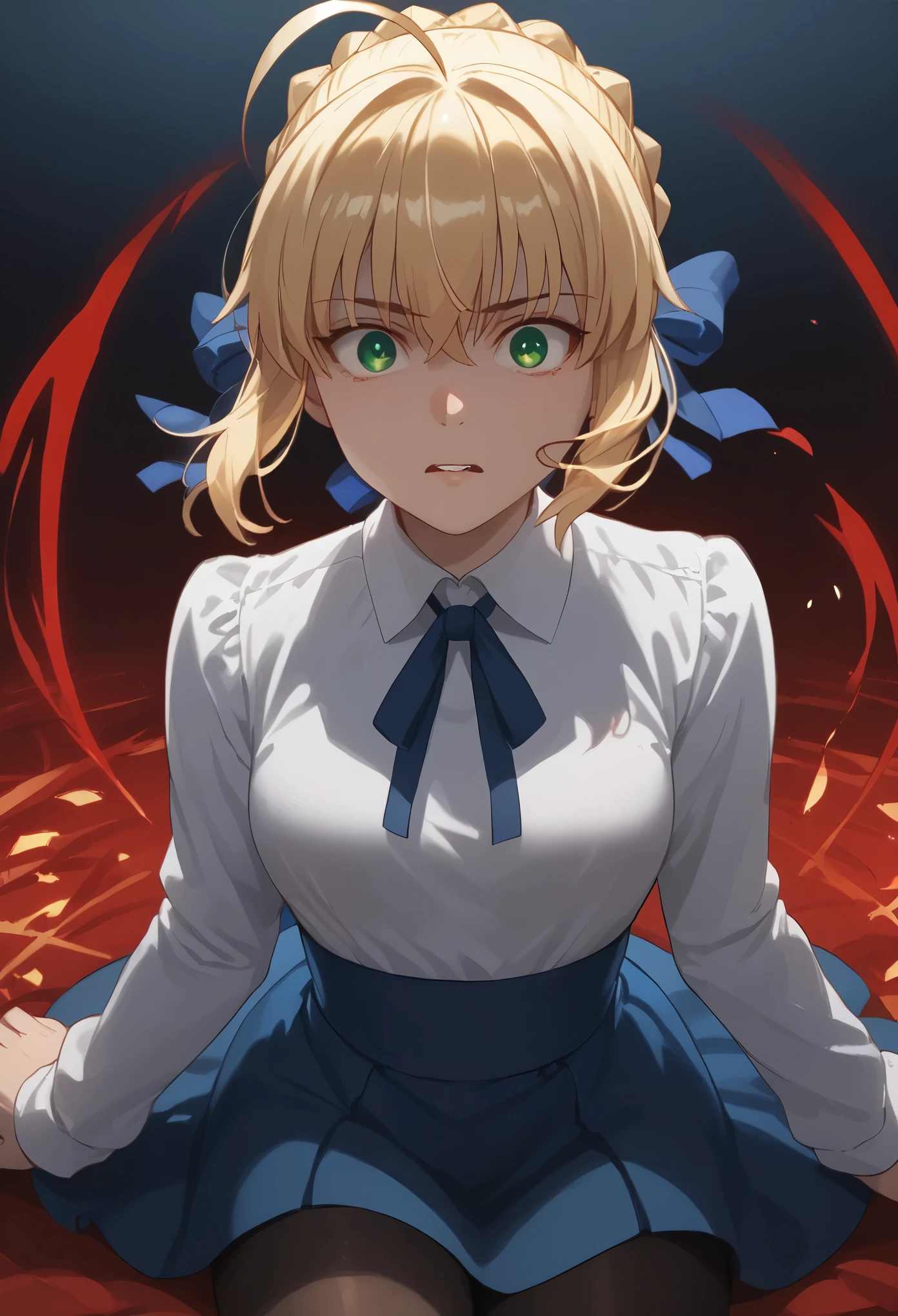 score_9,score_8_up,score_7_up,  character: artoria_pendragon_(fate), character: saber_(fate), green_eyes, hair_between_eyes, blonde_hair, short_hair, single_hair_bun, ahoge, braid, braided_bun, hair_bun, hair_ribbon, sidelocks, shirt, white_shirt, blue_ribbon, long_sleeves, ribbon, black pantyhoses, surprised face, confused, POV hand, hand with spell command, red light, red flash, glowing, indoor, hall, looking at you , 