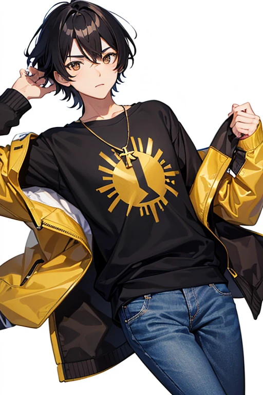 Bennett from Genshin Impact, 16 years old, black hair, brown eyes, open white sweatshirt, black t-shirt, gold cross necklace, blue jeans, looking in profile directly at viewer, white background