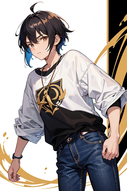 Bennett from Genshin Impact, 16 years old, black hair, brown eyes, open white sweatshirt, black t-shirt, gold cross necklace, blue jeans, looking in profile directly at viewer, white background