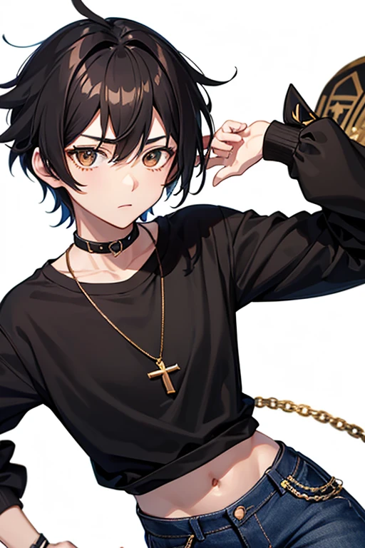 Bennett from Genshin Impact, ************, black hair, brown eyes, open white sweatshirt, black t-shirt, gold cross necklace, blue jeans, looking in profile directly at viewer, white background