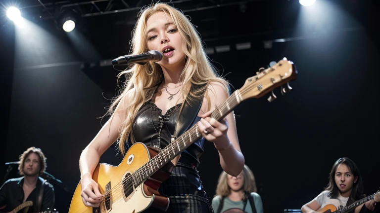 A blonde woman (@micaela), with a guitar in her hand. in a live show, on a lit stage, with his full band, and large audience. NEGATIVE PROMPTS deformity, ,defect in hands,defect in face,ugliness