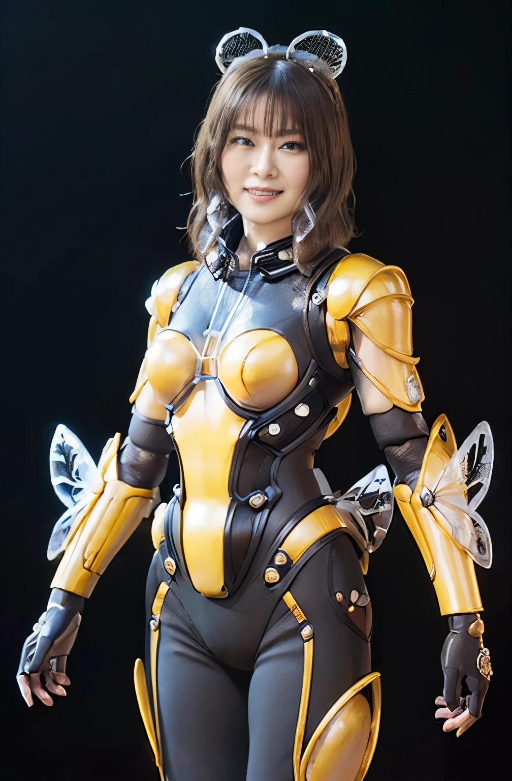 (high resolution,masterpiece,best quality,extremely detailed CG, anime, official art:1.4), realistic, photo, amazing fine details, all intricate, gloss and shiny,awesome many layers, 8k wall paper, 3d, sketch, kawaii, illustration,( solo:1.4), perfect female proportion,villainess, (fusion of queen bee and lady:1.4), (queen bee form lady:1.2), (queen bee lady:1.2), (fusion:1.2), (solo:1.4), (evil smile:1.2), muscular, abs, (queen bee exoskeleton bio insect suit:1.4), (cockroach brown exoskeleton bio insect armor:1.2), (brown transparency queen bee wing:1.4), (brown queen bee antennae:1.3),