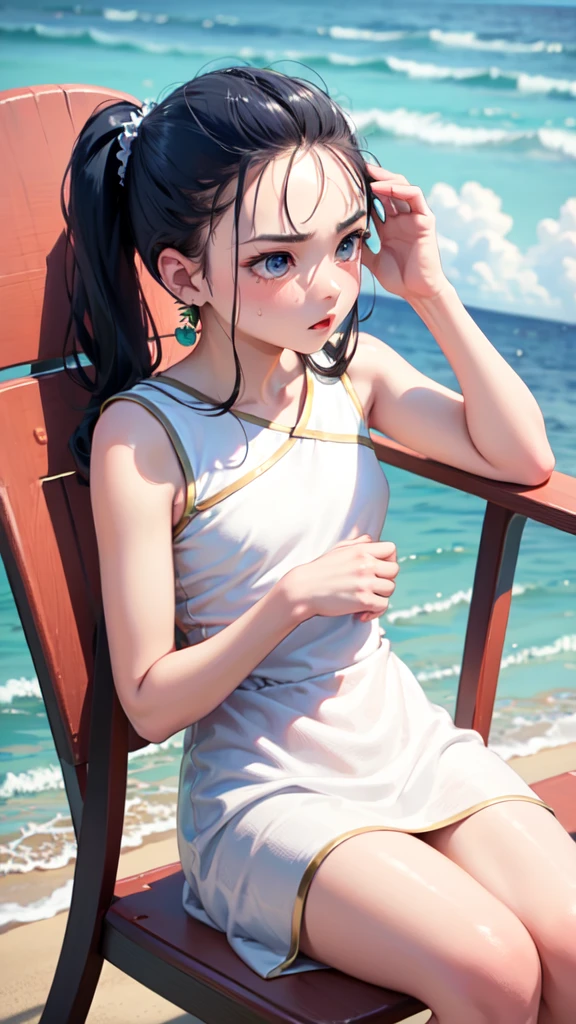 Masterpiece, best quality, earrings, white dress, black hair, small breasts, girl, upper body, hot, sweating, sitting on chair, pigtails, looking at camera, sea, summer, facing forward, legs spread, angry