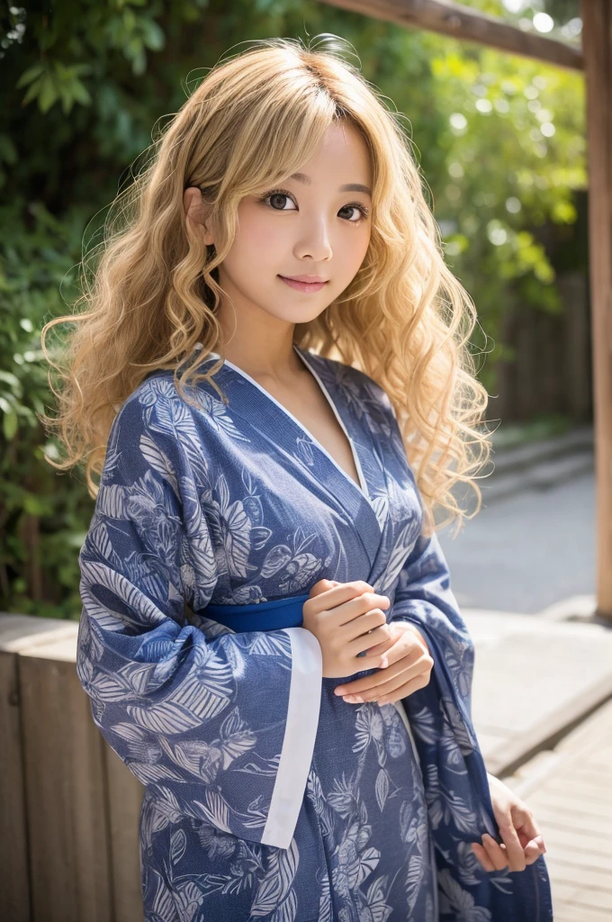whole body Curly Hair cute RAW photograph yukata Real Whitening older sister looking at the camera front Blonde