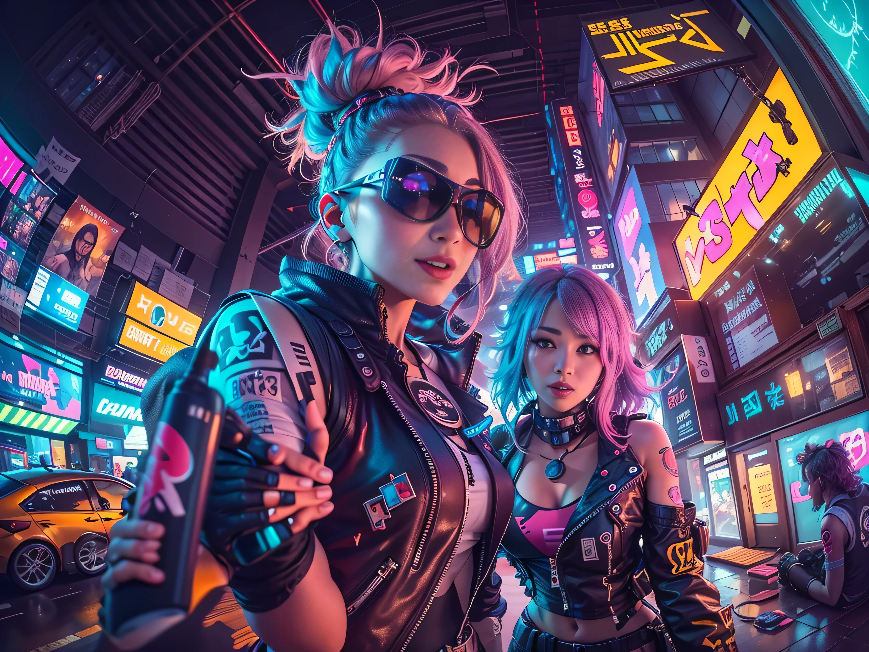 ((2 cyberpunk girls wearing colorful Harajuku style pop outfit)), ((((fisheye lens)))), cowboy shot, wind, messy hair, ((cyberpunk 2077 cityscape)), (cyberpunk aesthetics and atmosphere:1.3), bright colors, smiling, ((cinematic lighting))