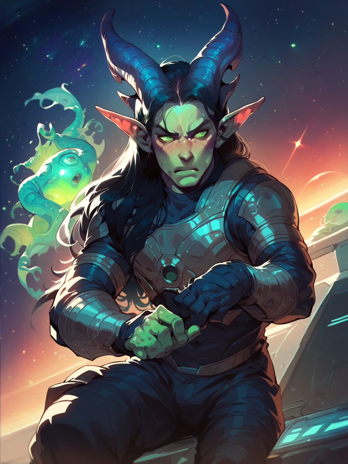 Tiefling, alien horns, male, young male, sci fi, space, space clothes, long hair, black hair, green eyes, aquamarine skin, cosmic, space suit, cosmic feature, alien