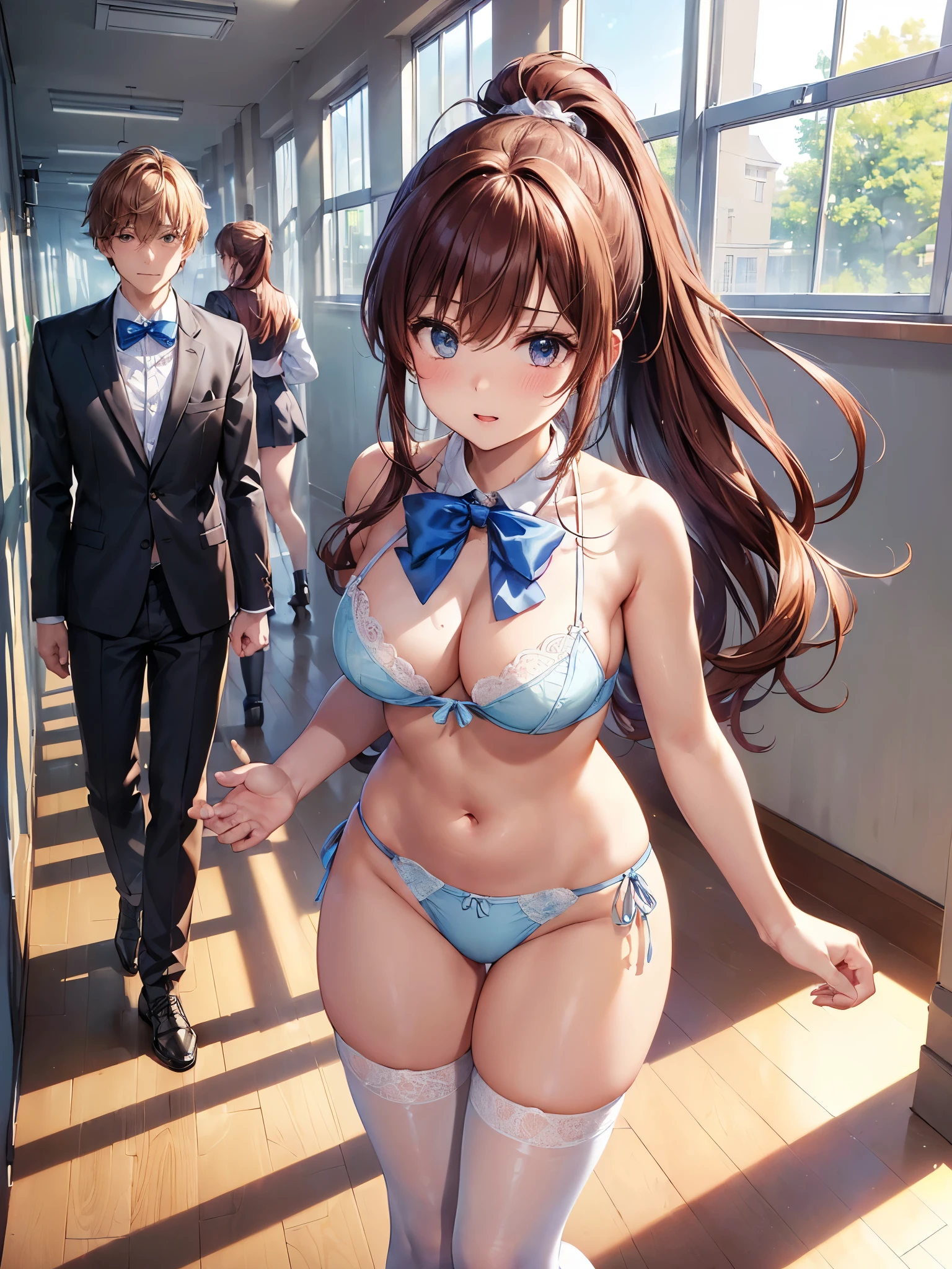 (((masterpiece, Highest quality, High resolution, 超High resolution, Perfect Pixel, Depth of written boundary, 4K, RTTX 10.0))), Beautiful Anime Woman, Beautiful art style, Anime characters, ((Smooth texture, Realistic texture, Anime CG Style)), Perfect and accurate finger count、Exact number of legs、(Exact number of arms:1.0, Exact number of hands:1.0), (Perfect hands, Perfect Anatomy), Cinematic, Realistic, Extremely detailed CG, Daytime lighting, Perfect lighting, Best Shadow, The best natural light, whole body, Perfect body, バランスのとれたPerfect body, Perfectly balanced style, Soft body, Slender body, ((bangs, Reddish brown hair, Long Hair, ponytail)), ((A cute adult woman is walking:1.8)), ((Bow tie around neck:1.3), (Sexy and cute light blue underwear:1.3), (Stylish shiny light blue satin panties, Side-tie panties, The panties are plain light blue in the center with lace decoration on the sides.:1.3), (Light blue micro lace satin bra, Light blue bra with large lace trim around the edges:1.3), (Knee-high socks:1.3):1.4), (Beautiful big boobs:1.1), (Embarrassed expression:1.5), blush, (School corridor, Corridor with windows, Long corridor, In the background, there are many male students walking., The boys are paying attention to the girls:1.7), naked, In underwear, Only bra, panties and knee socks, School shoes, Angle from below the front