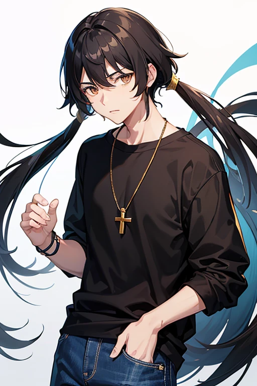 Bennett from Genshin Impact, 16 years old, black hair, brown eyes, open white sweatshirt, black t-shirt, gold cross necklace, blue jeans, looking in profile directly at viewer, white background
