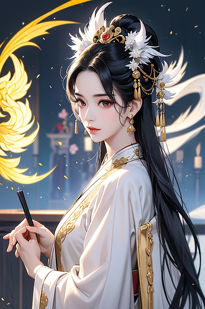 Black Hair, Immortal, Beauty, Royal sister, Stepmother, White Taoist robe, Golden Phoenix Coronet, Hair Bunch, Mature Woman