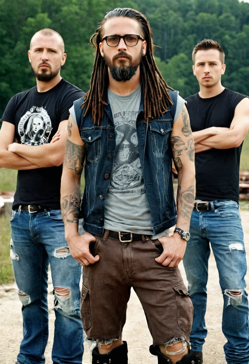 promotional photo of rock band 5 men standing in the middle of an abandoned fair for publicity photography of rock band, aggressive look, heavy rock band, slaughterhouse, band promotion, portrait photo, Profile picture, pro life, promotional photo of the band, threatening look, Photoshoot, Tennessee, promotional shot, proto-metal band promotion, ohio, by Nándor Katona (first man: athletic man, high, extended goatee, hairless, shaven,  T-shirt sin mangas, brown cargo shorts, chancletas), (second man: Glasses, medium brown hair, barba hipster, atletico, blue jeans, T-shirt café encima una camisa a cuadros, Crossed arms, tattooed), (third man: big, high, strong, Long dreadlocks, T-shirt negra, black denim, Boots), (fourth man: muy high, athletico, strong, black dress, leather jacket, long black hair, dark Glasses, garibaldi style beard, tattooed), (fifth man: T-shirt, ripped denim, beardi beard, cap, tattooed, Glasses para sol). tiro de la fotografía desde arriba high, the complete bodies can be seen, fog, gloomy