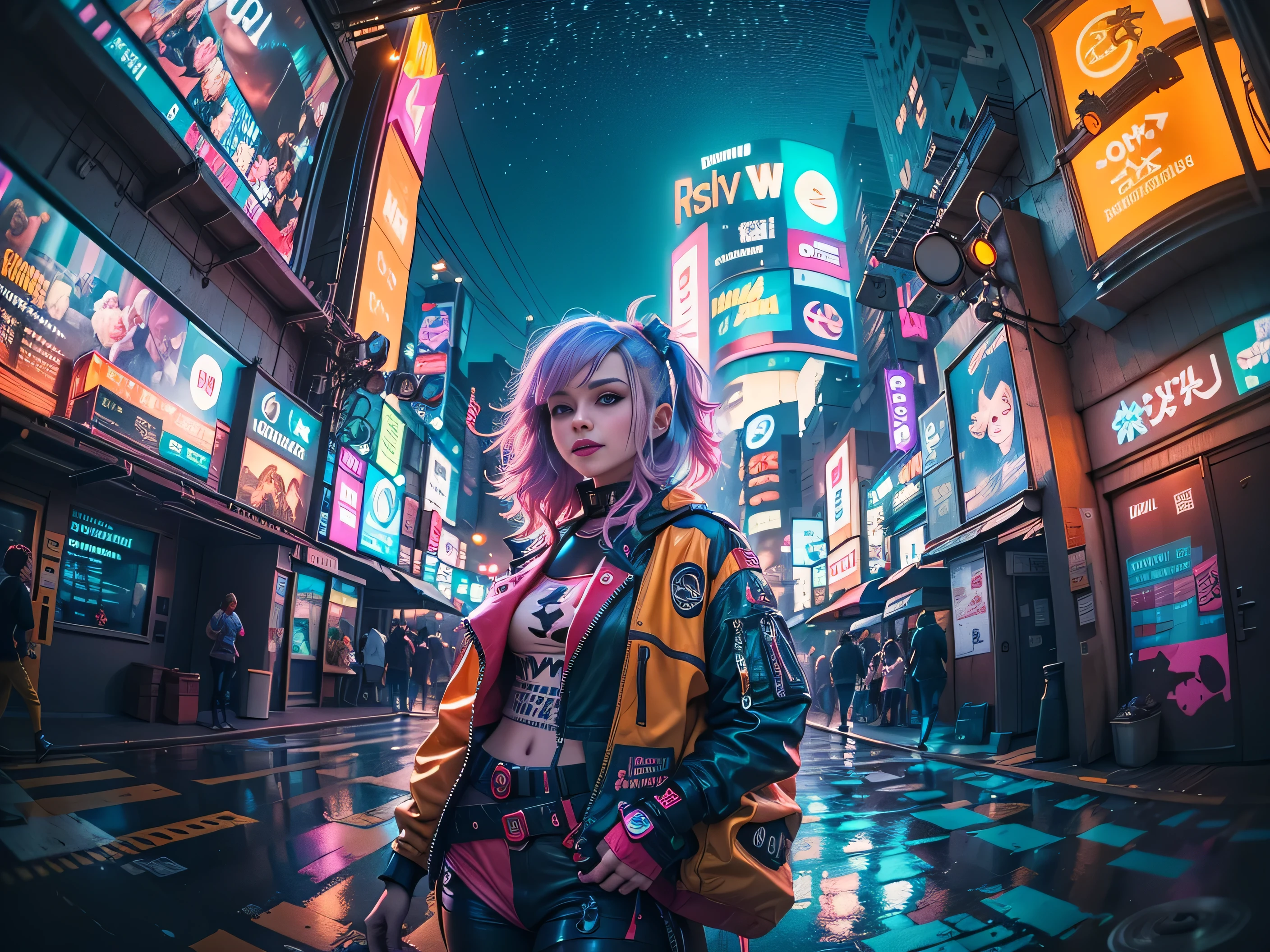 ((2 cyberpunk girls wearing colorful Harajuku style pop outfit)), ((((fisheye lens)))), cowboy shot, wind, messy hair, ((cyberpunk 2077 cityscape)), (cyberpunk aesthetics and atmosphere:1.3), bright colors, smiling, ((cinematic lighting))