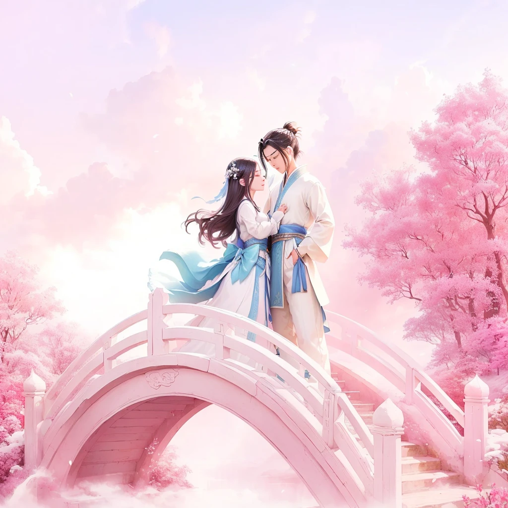 A couple stands on a bridge in the park, A beautiful artistic illustration, xianxia fantasy, Lying in the fairyland on the white clouds, Chinese Fantasy, romantic情侣, Fairy tale style background, 男孩 女孩 传统 romantic, Cute couple, sha xi, Beautiful digital artwork, Dōjin works, romantic, in the white clouds fairyland, Beautiful digital art, Beautiful fantasy