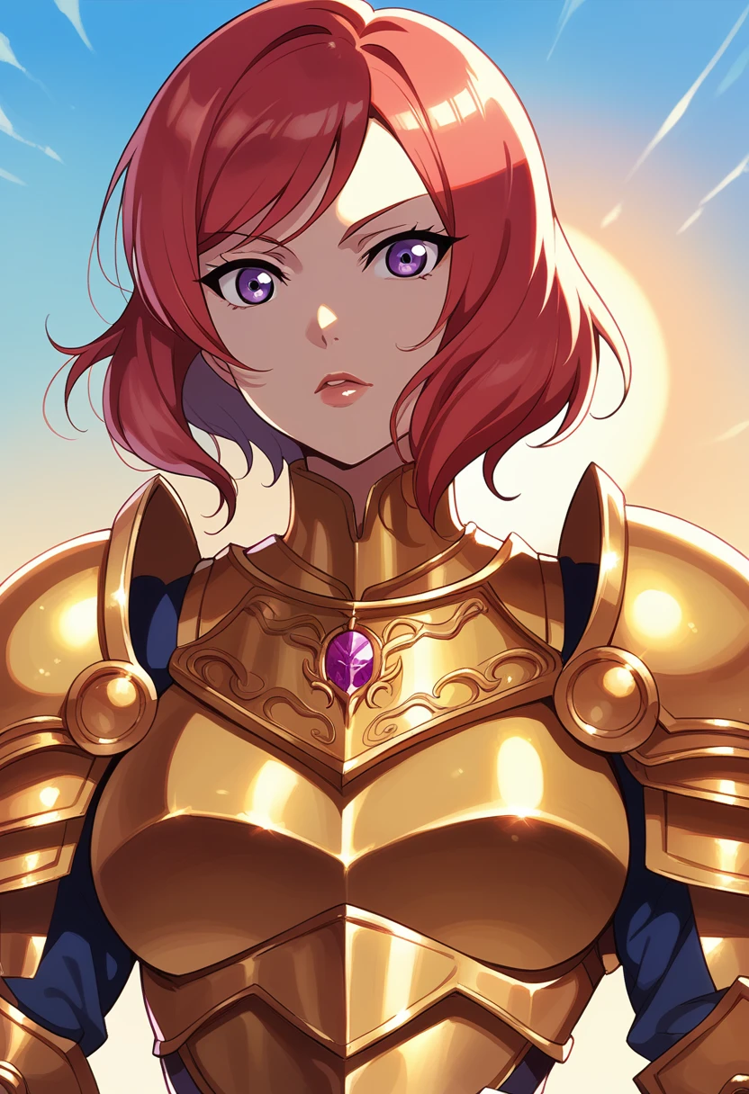Nishikino maki, Purple eyes, red hair, short hair,(armor:1.2),Golden Armor , llchar, upper body,solo, big breasts,(lipstick:0.7),sun