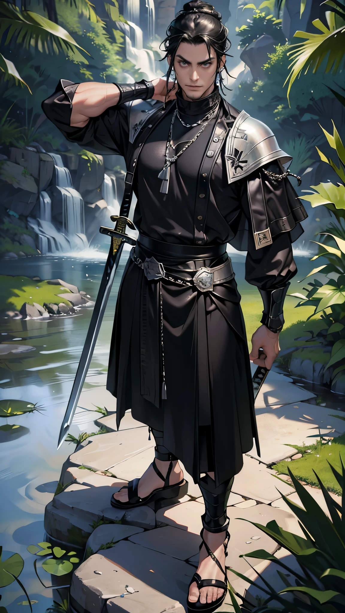 masterpiece, ultra detailed, 8K Portrait, Raw photo, man's portrait photography, full body, Highly detailed face, ((Fantasy)), 1 man, (((daring middle aged man))), Adult cool, 35 years old, 175cm, (((king))), Tight eyes, (((black topknot hair))), (((black chain mail))), leather soled sandals, ((equip a long sword)), Midnight Moon, Hyper realistic, Strong body, Spread your legs, lower your hips, and swing your sword., by the water fall, Ambient lighting, Shadow details , Camera focus on face, strong breeze, Light fog