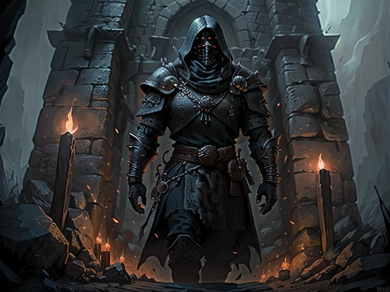  A classic scene of a Dungeon, a warrior with armour; stone walls with torches, wooden door., set within the forbidding confines of a dungeon lair. The scene evokes the feel of fantasy board games, adding a familiar air to the ominous setting. The image carries the grimdark aesthetic common to the Oldhammer era, exuding a spine-chilling, sinister aura. The art style features boldly brushed strokes and a muted palette, with a strong emphasis on dark, atmospheric elements, drawing parallels with the technique of oil painters from the early 20th century. Ideally, the scene would bear the traits of a detailed matte painting, boasting deep colors and intricate details, and would be designed in mind as a splash screen. Complementary colors create a visually pleasing balance, and the fantastical concept art should be suitable for an 8k resolution suitable for trending on an Artstation Unreal Engine display.