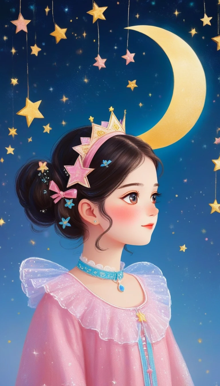 Pastel Art：masterpiece, best quality, Cute hand painted, Picture book illustration，1 girl, Solitary, Princess Head，Shirt lace collar, blush, Hair accessories, audience,The crescent moon and stars shine overhead，Large blank space at the top，Characters account for 30%%，Blue Background