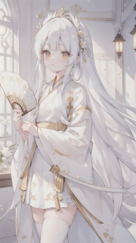 (best quality, High resolution, Super detailed:1.2), beautiful long white hair, Stunning golden eyes, Beautifully designed white folding fan, Bailongjiao, elegant lights, pastel color palette，White Hanfu，white stockings