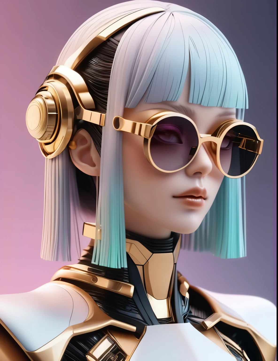 3D illustration of the upper body and face of an artificial intelligence model wearing futuristic glasses, Stylish glasses with tassels，Gradient Background, Pastel Color Palette, Black Gold, Simplicity, Cold metal texture, Surrealism,