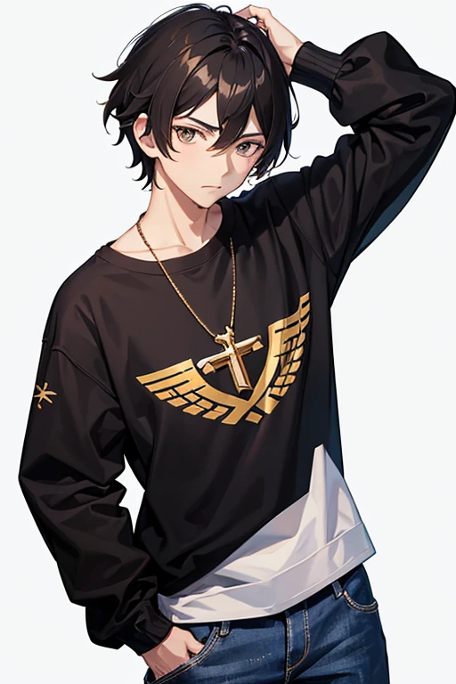 Bennett from Genshin Impact, 16 years old, black hair, brown eyes, open white sweatshirt, black t-shirt, gold cross necklace, blue jeans, looking in profile directly at viewer, white background