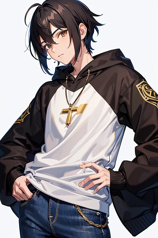 Bennett from Genshin Impact, 16 years old, black hair, brown eyes, open white sweatshirt, black t-shirt, gold cross necklace, blue jeans, looking in profile directly at viewer, white background