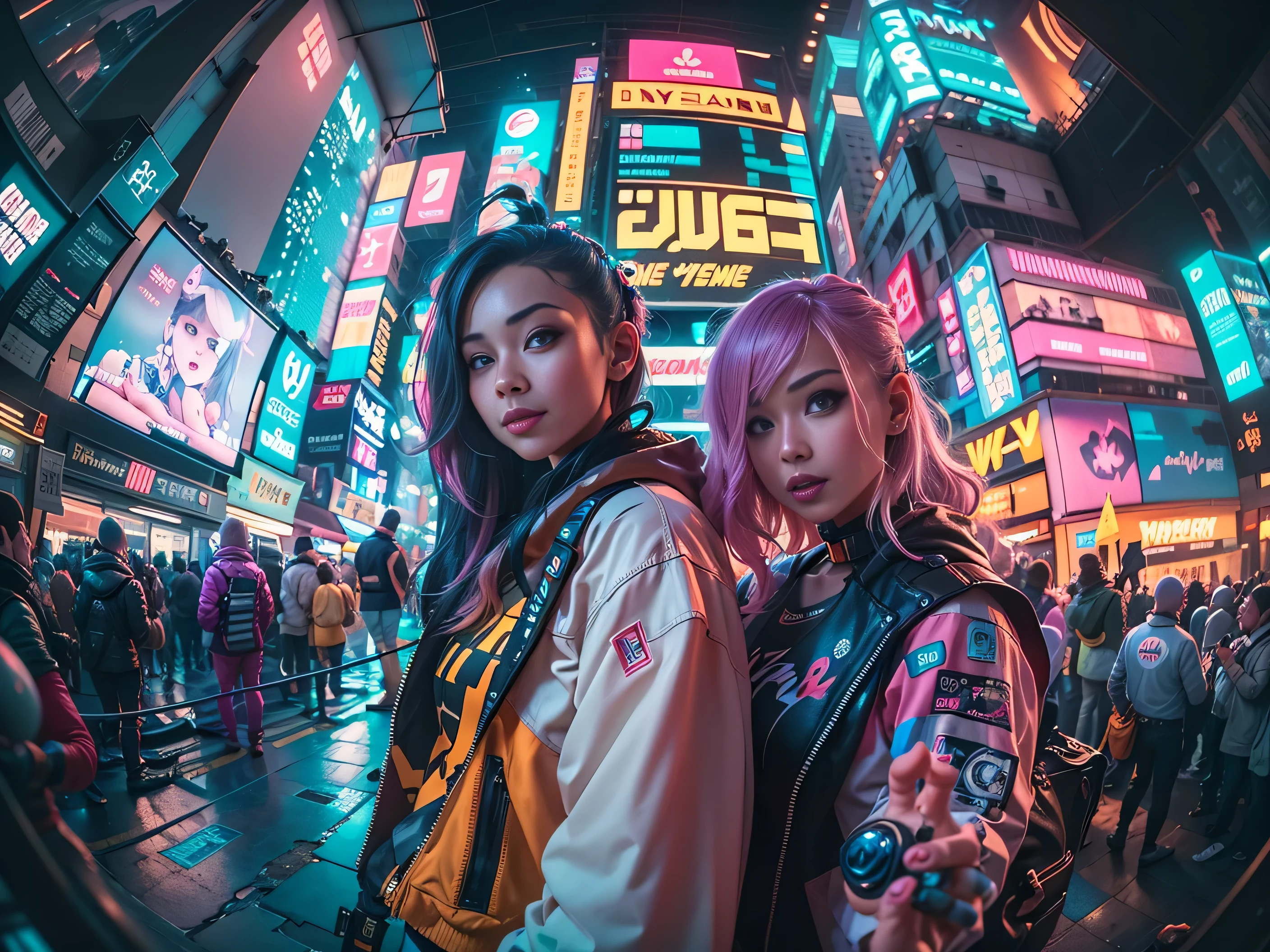 ((2 cyberpunk girls wearing colorful Harajuku style pop outfit)), ((((fisheye lens)))), cowboy shot, wind, messy hair, ((cyberpunk 2077 cityscape)), (cyberpunk aesthetics and atmosphere:1.3), bright colors, smiling, ((cinematic lighting))