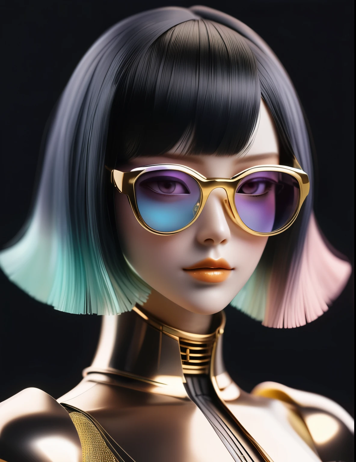 3D illustration of the upper body and face of an artificial intelligence model wearing futuristic glasses, Stylish glasses with tassels，Gradient Background, Pastel Color Palette, Black Gold, Simplicity, Cold metal texture, Surrealism,