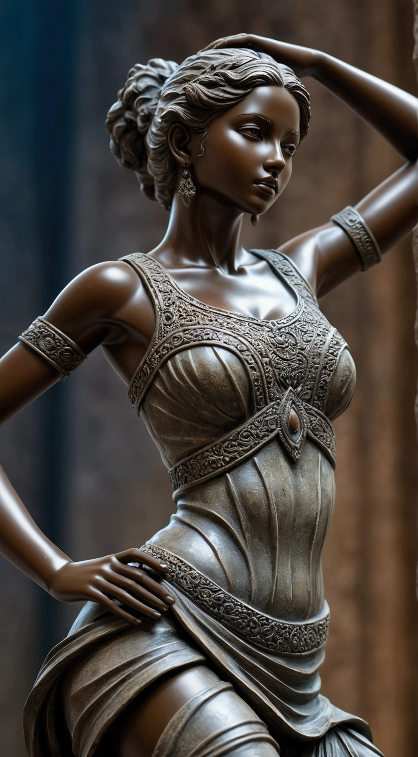 image of a {statue of 1girl stunning pose, photo_model pose, perfect, UHD, intricate detailed, 8k, best quality ever, masterpiece, super detailed, unleashed creativity, beyond imagination, dramatic light, gradient motion color background}, rough, solid stone, weathered and textured