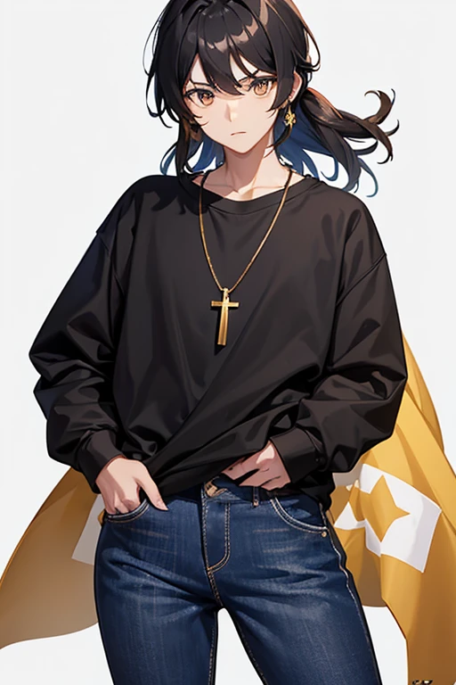 Bennett from Genshin Impact, 16 years old, black hair, brown eyes, open white sweatshirt, black t-shirt, gold cross necklace, blue jeans, looking in profile directly at viewer, white background
