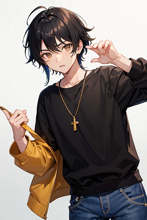 Bennett from Genshin Impact, , black hair, brown eyes, open white sweatshirt, black t-shirt, gold cross necklace, blue jeans, looking in profile directly at viewer, white background