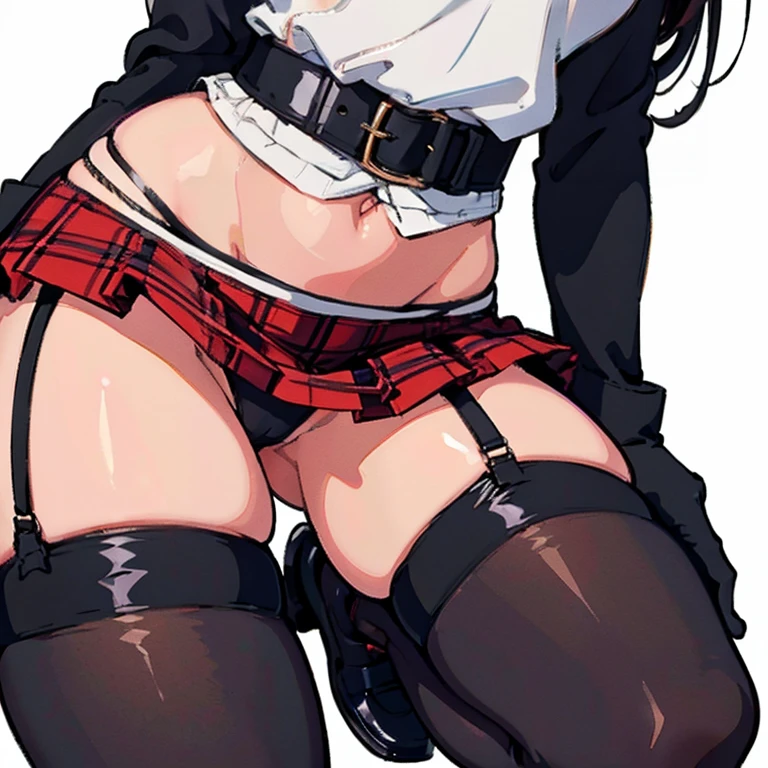 Anime Kawaii sexy Perfect Slim sensual body large breast and huge thighs, An intricate and highly detailed illustration of anime ( girl red plaid miniskirt , shoes black , pleatedskirt , assassin , all-body , White sweater , black gloves , Stockings , GARTER BELT , Bblack hair , eyes black , slickedback hair , thicc thighs , all-body , standing posture , Face , close up