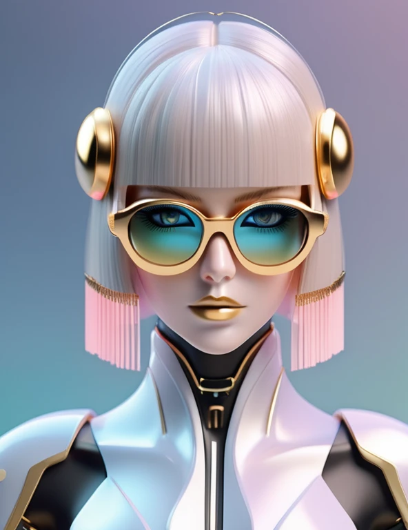 3D illustration of the upper body and face of an artificial intelligence model wearing futuristic glasses, Stylish glasses with tassels,Gradient Background, Pastel Color Palette, Black Gold, Simplicity, Cold metal texture, Surrealism,