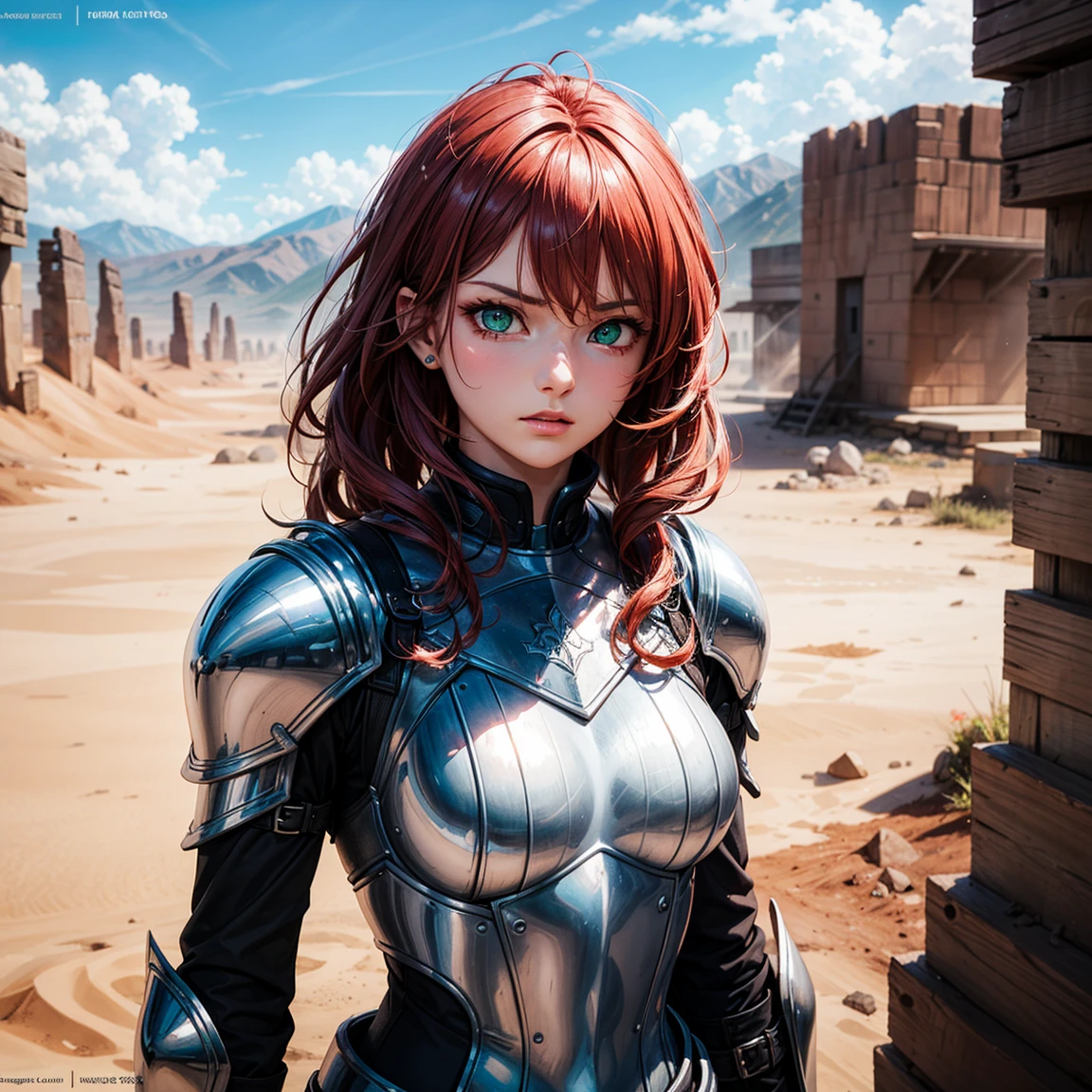 (High Detail:1.2) Anime girl, (Best quality, Detailed), Top quality, high resolution, perfect human structure, ((28 years old)), 1girl, (solo), medium hair, wavy hair, red hair, (green eyes), serious, gravelly:1.3, dark:1.2, fair skin, full silver armor plate, beautiful, medium breasts, intense look, dynamic pose, desert behind, (8k, vibrant colors, digital art, concept art)