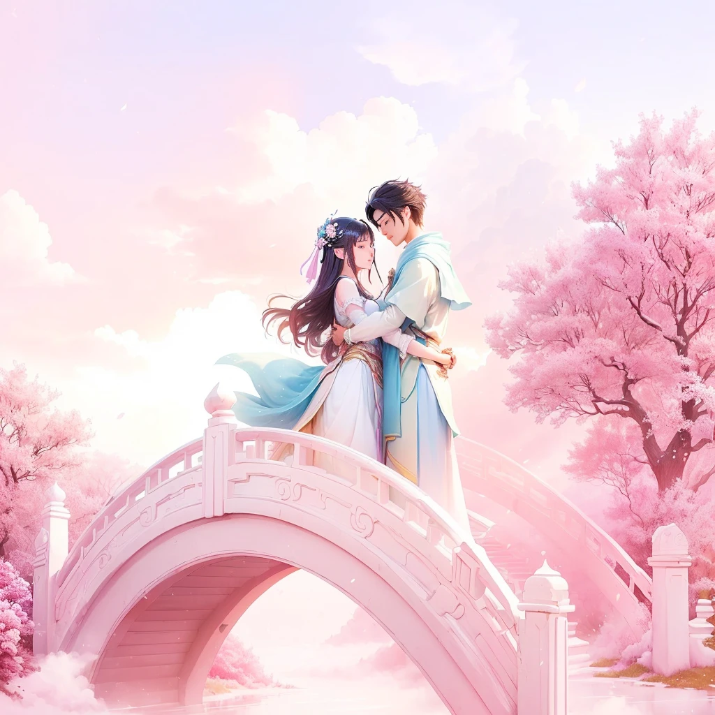 A couple stands on a bridge in the park, A beautiful artistic illustration, xianxia fantasy, Lying in the fairyland on the white clouds, Chinese Fantasy, romantic情侣, Fairy tale style background, 男孩 女孩 传统 romantic, Cute couple, sha xi, Beautiful digital artwork, Dōjin works, romantic, in the white clouds fairyland, Beautiful digital art, Beautiful fantasy