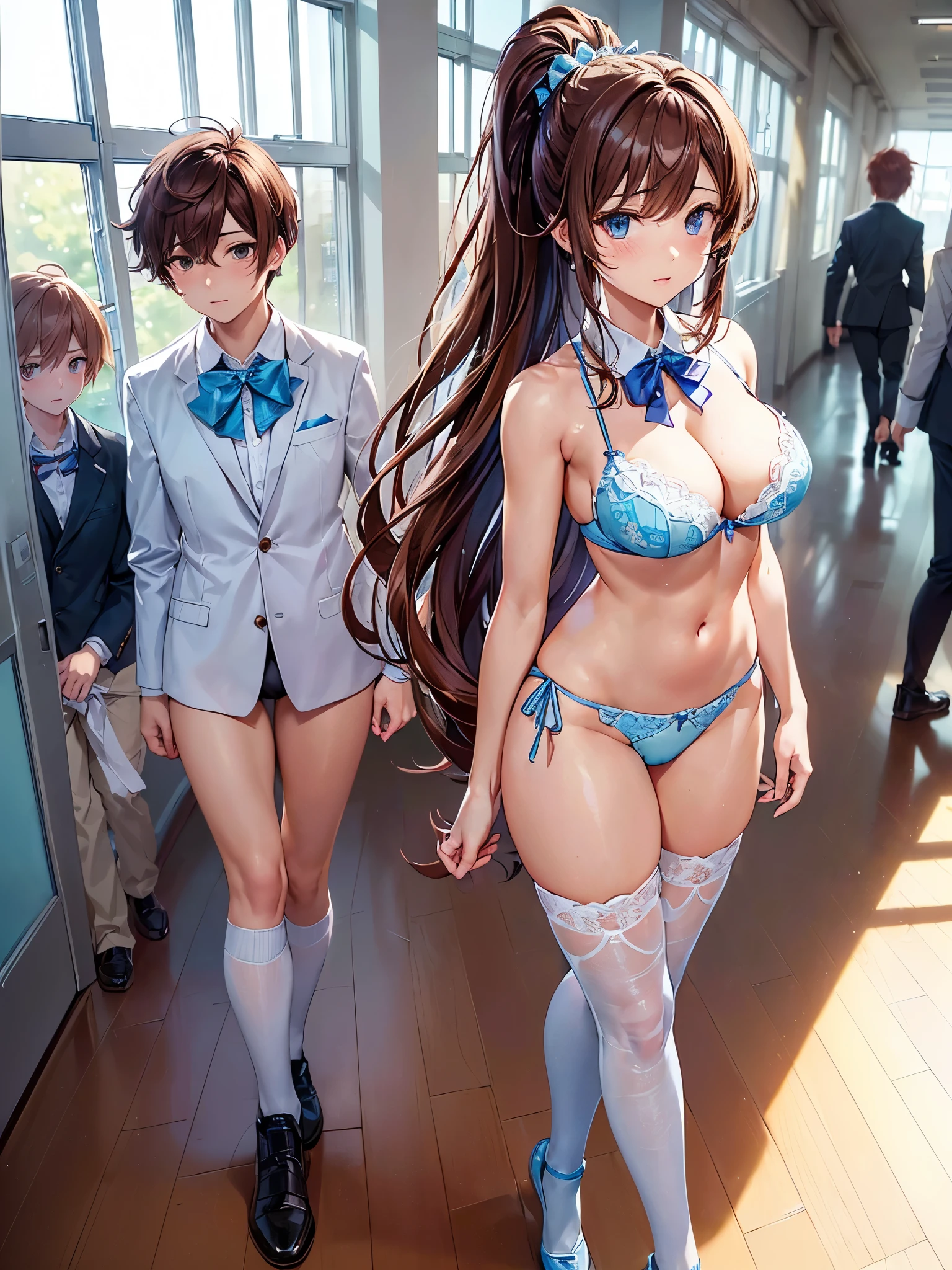 (((masterpiece, Highest quality, High resolution, 超High resolution, Perfect Pixel, Depth of written boundary, 4K, RTTX 10.0))), Beautiful Anime Woman, Beautiful art style, Anime characters, ((Smooth texture, Realistic texture, Anime CG Style)), Perfect and accurate finger count、Exact number of legs、(Exact number of arms:1.0, Exact number of hands:1.0), (Perfect hands, Perfect Anatomy), Cinematic, Realistic, Extremely detailed CG, Daytime lighting, Perfect lighting, Best Shadow, The best natural light, whole body, Perfect body, バランスのとれたPerfect body, Perfectly balanced style, Soft body, Slender body, ((bangs, Reddish brown hair, Long Hair, ponytail)), ((A cute adult woman is walking:1.8)), ((Bow tie around neck:1.3), (Sexy and cute light blue underwear:1.3), (Stylish shiny light blue satin panties, Side-tie panties, The panties are plain light blue in the center with lace decoration on the sides.:1.3), (Light blue micro lace satin bra, Light blue bra with large lace trim around the edges:1.3), (Knee-high socks:1.3):1.4), (Beautiful big boobs:1.1), (Embarrassed expression:1.5), blush, (School corridor, Corridor with windows, Long corridor, In the background, there are many male students walking., The boys are paying attention to the girls:1.7), naked, In underwear, Only bra, panties and knee socks, School shoes, Angle from below the front
