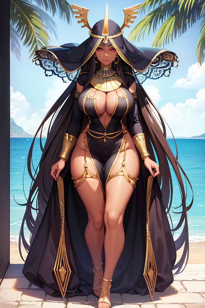 (Art: 1.2), (best quality: 1.2) 1 woman, mature, tall (1.85), She appeared to be around 28 years old, had long golden hair, straight and shiny hair, blood red eyes, extremely detailed, perfect eyes , extremely realistic eyes, well-aligned eyes, long eyelashes, anime style, perfect face, milf face, full lips, smiling, mature, clear dark skin, natural body, sexy body, MILF body, dark skin, hands on waist, perfect hands, detailed hands, hands well proportioned to the body, realistic hands, arms with good anatomy, she wore an immortal egyptian oriental style golden dress, the dress still couldn't hide her extremely large and huge breasts that were hanging down due to her size, she also wears an egyptian ornate thick thighs, wide hips, Looking at the viewer, background scenery, scenery at a egyptian viewpoint on the edge of the NIle, in the background posing the setting sun, alone Looking at the viewer