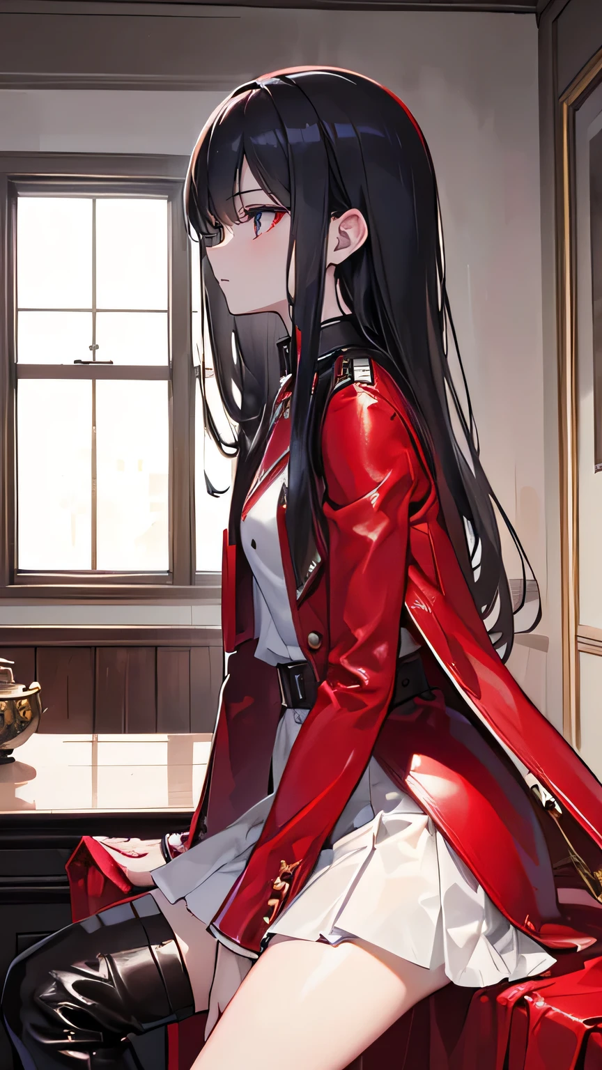 ((Best masterpiece, Perfect quality, Ultra detailed)), ((Profile)), A skinny slender girl with small bust, Wearing a red leather med-coat, Wearing a white y-shirt with red tie, Wearing a gathered black fabric skirt, Wearing a black leather over-knee long-boots, Antique world, European interior