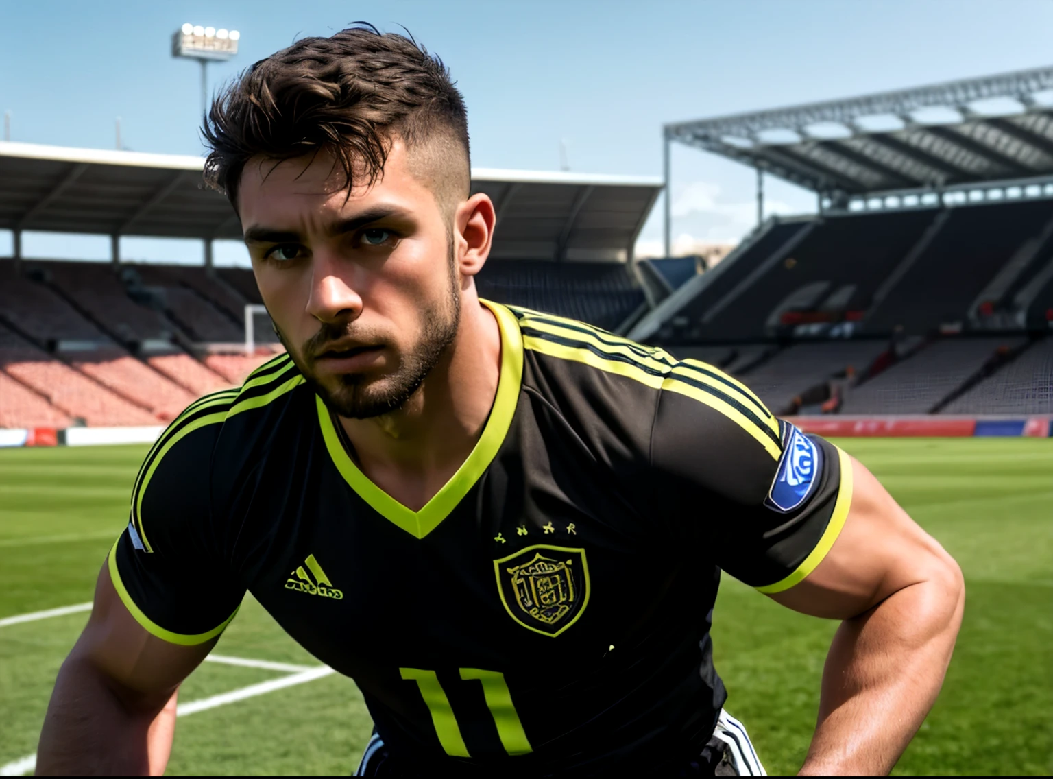 a handsome 26 year old Georgian soccer striker, 184cm tall, with light brown curly hair, tanned skin, short trimmed beard, wearing a black jersey, (best quality,4k,8k,highres,masterpiece:1.2),ultra-detailed,(realistic,photorealistic,photo-realistic:1.37),extremely detailed face and body, cinematic lighting, dramatic composition, intricate details, muscular physique, dynamic pose, sports field background
