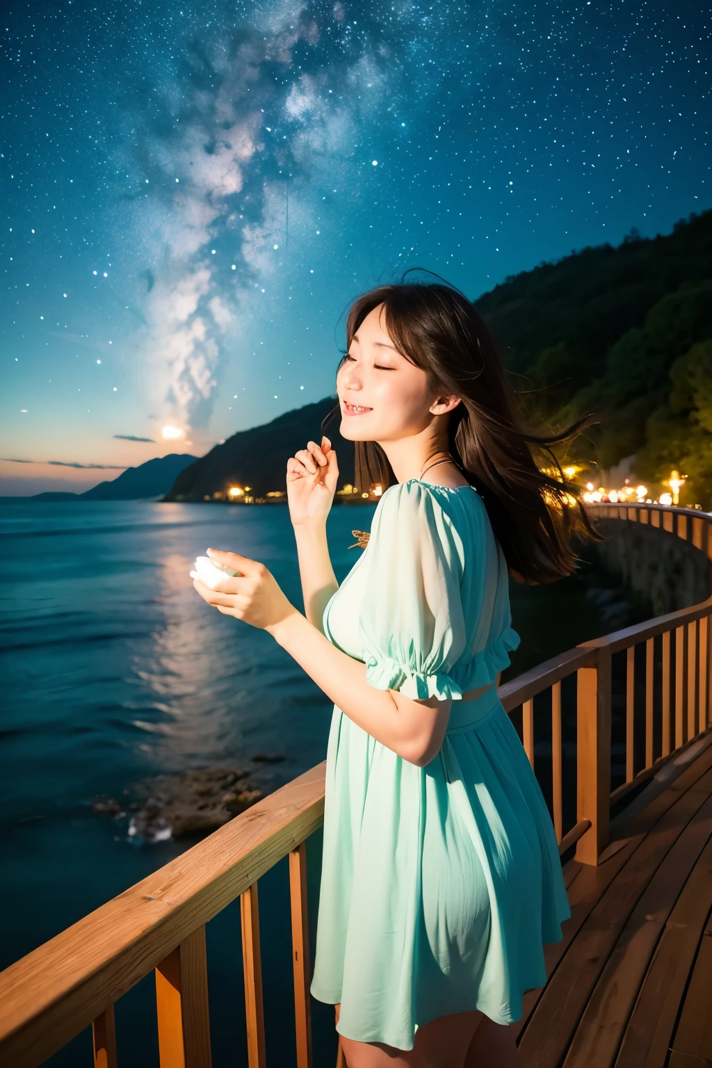 Cute and beautiful woman。Night sea and starry sky。The wind is blowing。