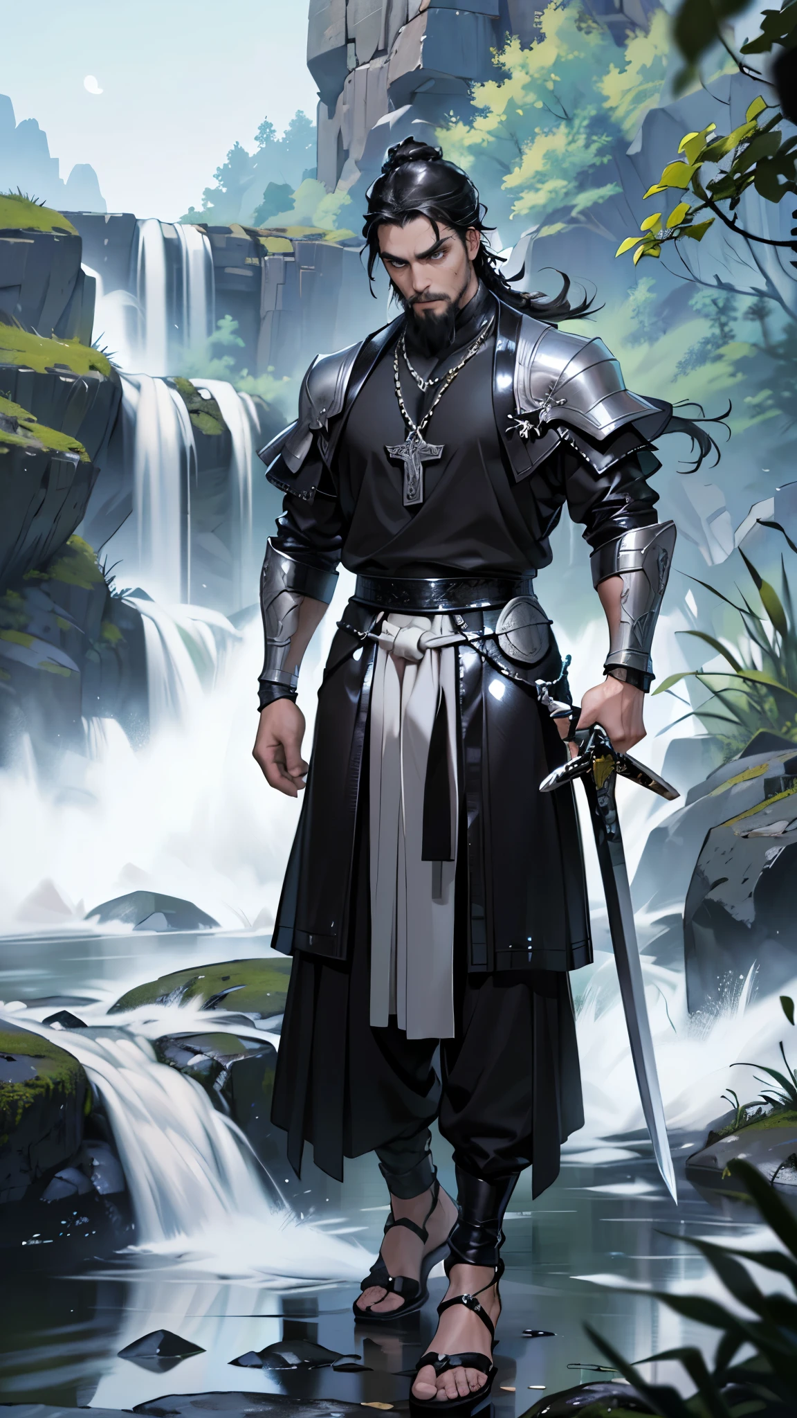 masterpiece, ultra detailed, 8K Portrait, Raw photo, man's portrait photography, full body, Highly detailed face, ((Fantasy)), 1 man, (((daring middle aged man))), Adult cool, 35 years old, 175cm, (((king))), Tight eyes, (((black topknot hair))), (((black chain mail))), leather soled sandals, ((equip a long sword)), Midnight Moon, Hyper realistic, Strong body, (action seen:1.5), by the water fall, Ambient lighting, Shadow details , Camera focus on face, strong breeze, Light fog