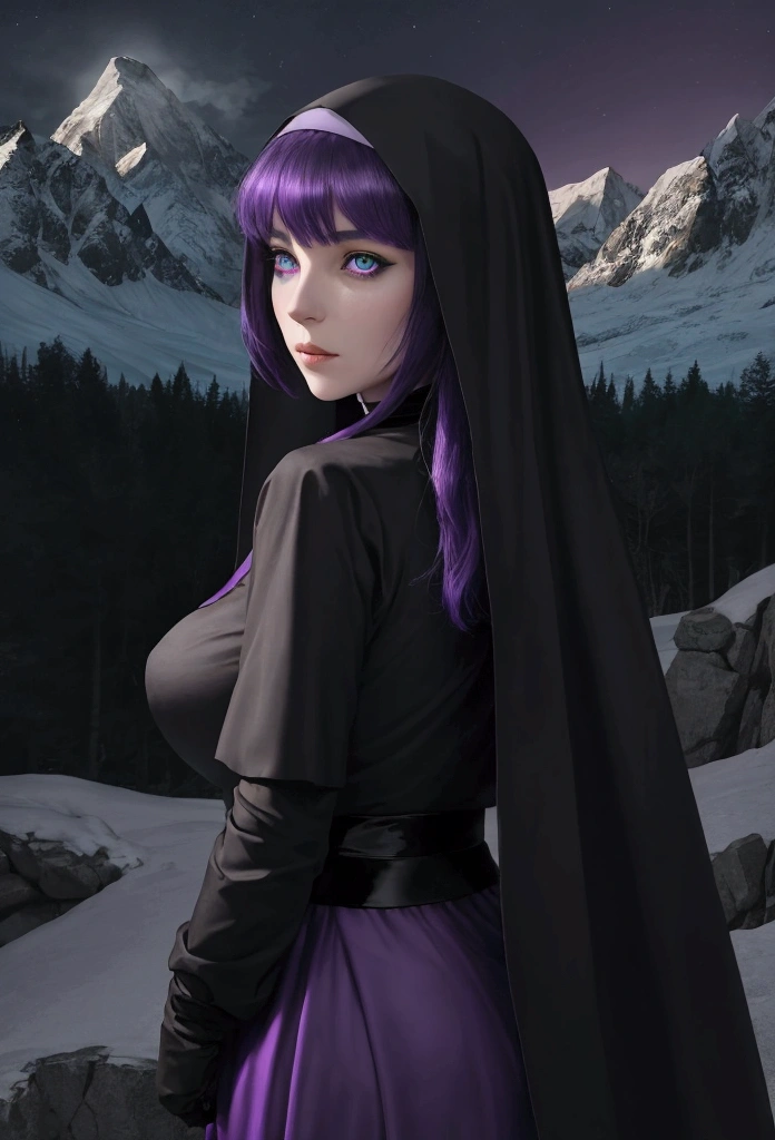 Facing away from viewer; A half elf nun dressed in black with purple hair and bangs and dark green eyes with a magical purple aura around her looking toward a giant snowy mountain at night