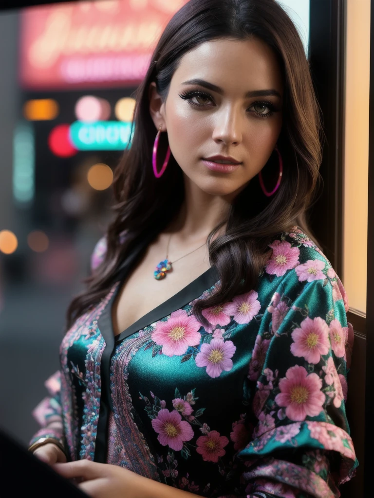 ((Selfie:1.1)), (raw:1.1) photo of (brunette Maj1j3j01-1500:0.99), a woman as a model, modelshoot style, (extremely detailed CG 8k wallpaper unit), photo of the world's most beautiful artwork, majestic professional oil painting by Ed Blinkey, Atey Ghailan, Studio Ghibli, by Jeremy Mann, Greg Manchess, Antonio Moro, trend at ArtStation, trend at CGSociety, Intricate, High detail, sharp focus, dramatic and photorealistic painting art by midjourney and greg rutkowski, (day:1.2), (dimly lit), (neon lights:1.2), (carnival:1.1), (makeup:1.1), ((window in the background)), ((flowery blouse:1.2)), (looking at the viewer:1.3), (detailed students:1.3), (modern clothing:1.2), (club makeup:1.2), (closeup:1.3), (earrings).