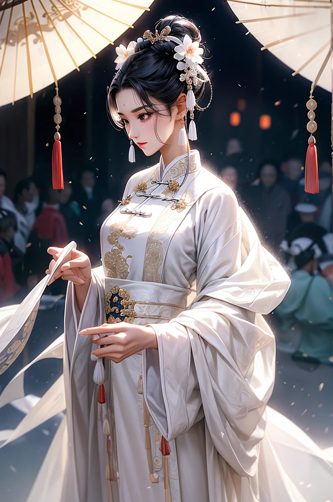 Masterpiece,Best quality, A still from a dark fantasy movie from the 90s,(pastel colour, dim colors, soothing tones:1.5),blend, Medium shot, Bokeh, (hdr:1.4), Masterpiece,conceito, 4K, HD, Cute girl in lingerie, Hanfu, White porcelain dress, (Cinematic, Red and black :0.85), The faces of the audience, dramatic pose,