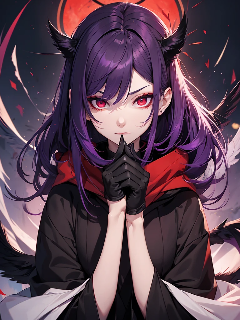 boy, purple hair. The skin is pale. Instead of ears, black wings. Так же black wings за спиной. Japanese red makeup on the face. red eyes, and the eyeballs are black. Tail like a crow. Long claws, hands in black gloves. Red fans in hands. Black Japanese cape. 