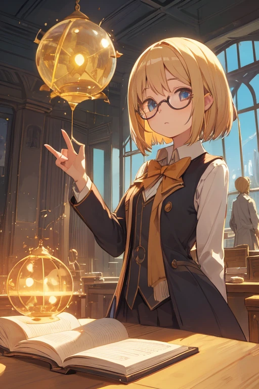 Blonde head, large round glasses, fragile-looking in a magical academy uniform, fantasy world, immature body., bobcut, girl, wizard, different world, classroom, studying