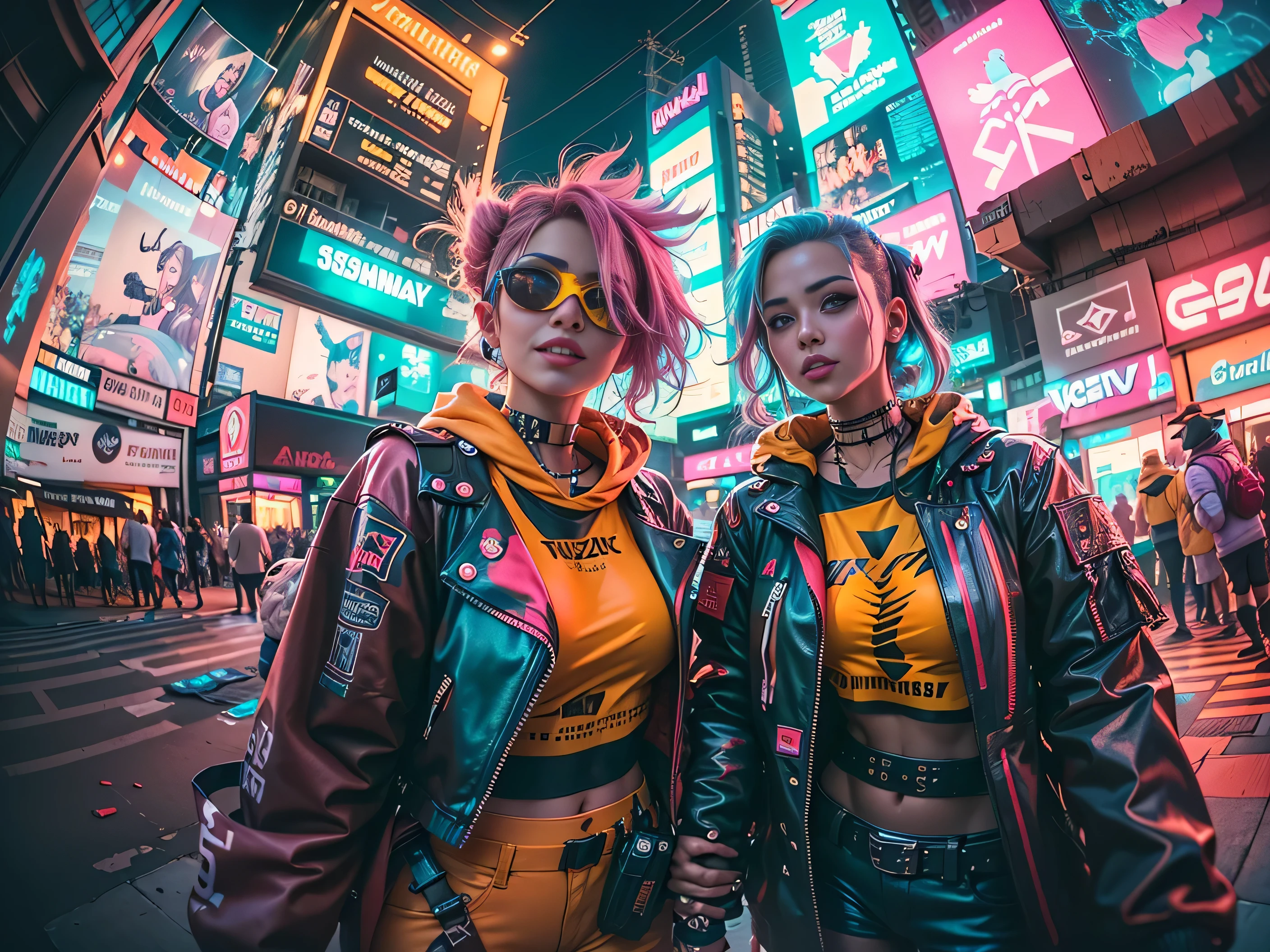 ((2 cyberpunk girls wearing colorful Harajuku style pop outfit)), ((((fisheye lens)))), cowboy shot, wind, messy hair, ((cyberpunk 2077 cityscape)), (cyberpunk aesthetics and atmosphere:1.3), bright colors, smiling, ((cinematic lighting))