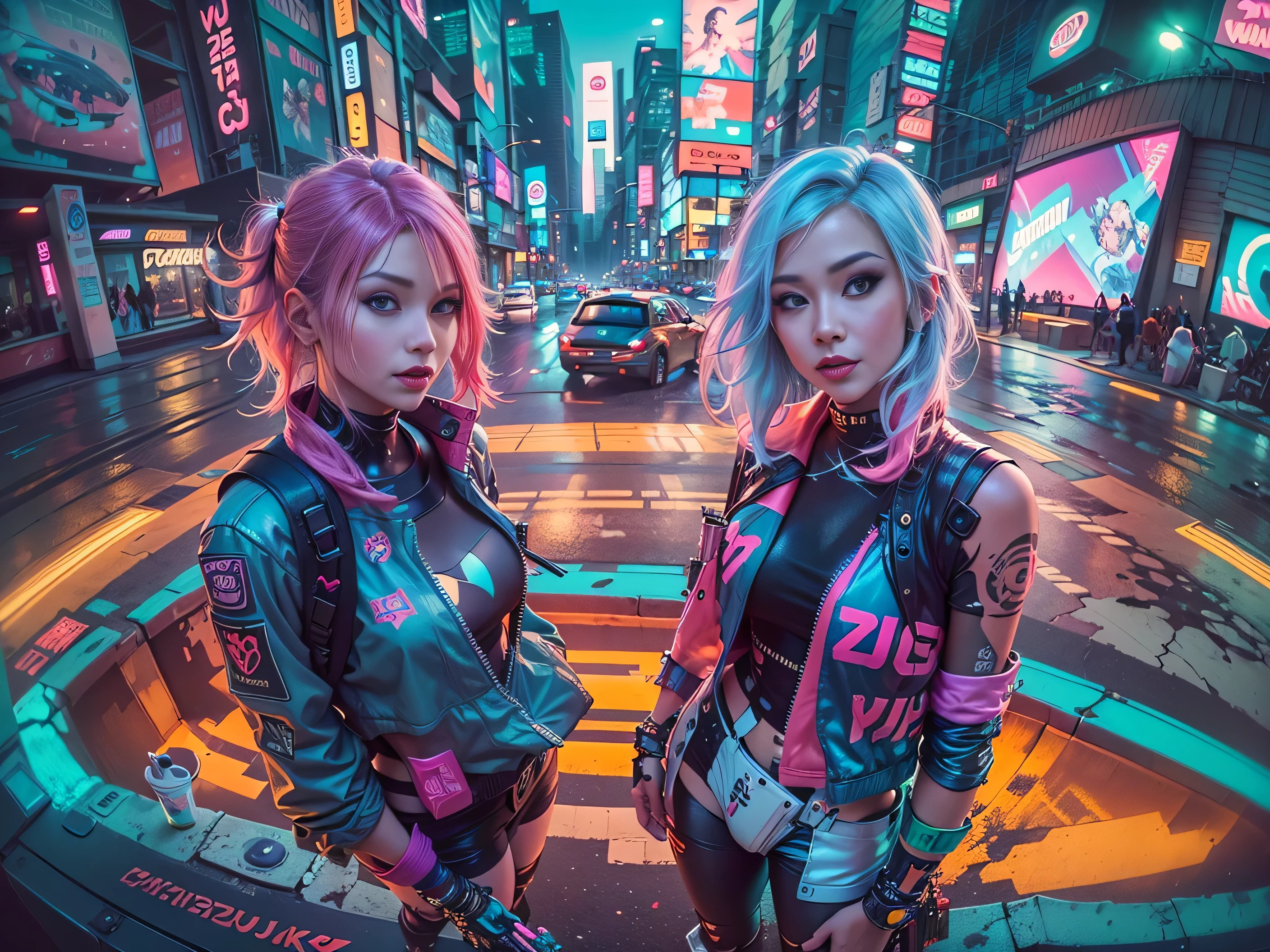 ((2 cyberpunk girls wearing colorful Harajuku style pop outfit)), ((((fisheye lens)))), cowboy shot, wind, messy hair, ((cyberpunk 2077 cityscape)), (cyberpunk aesthetics and atmosphere:1.3), bright colors, smiling, ((cinematic lighting))