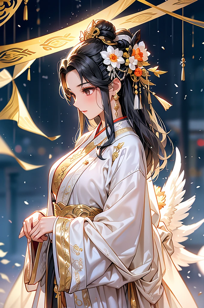 Black Hair, Immortal, Beauty, Royal sister, Stepmother, White Taoist robe, Golden Phoenix Coronet, Hair Bunch, Mature Woman